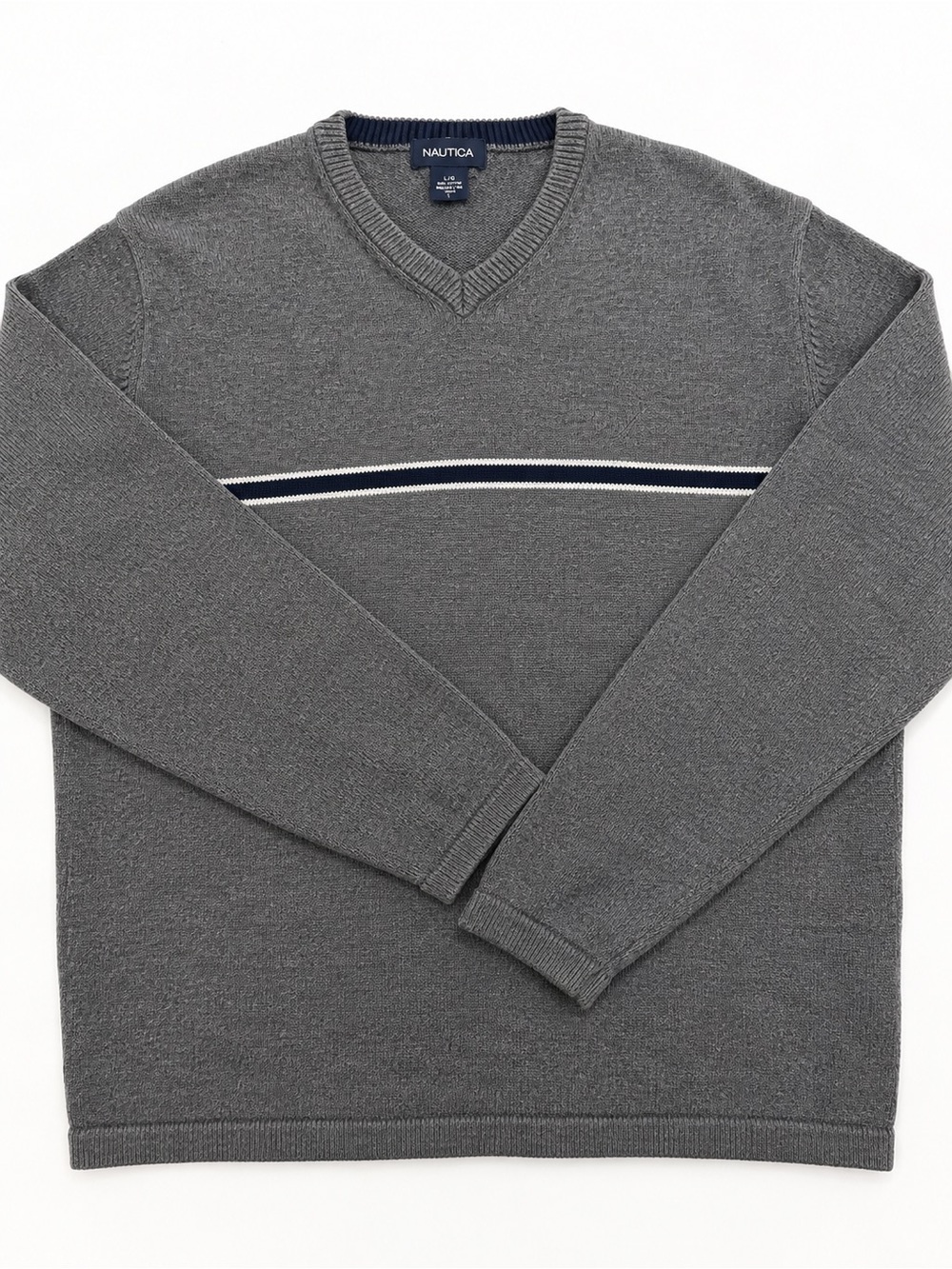 Nautica Gray V-Neck Sweater with Navy and White Chest Stripe